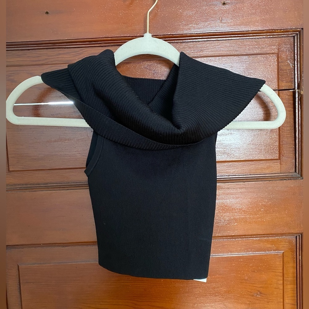 New Good American Off the shoulder Ribbed Crop Top Black - Picture 2 of 5